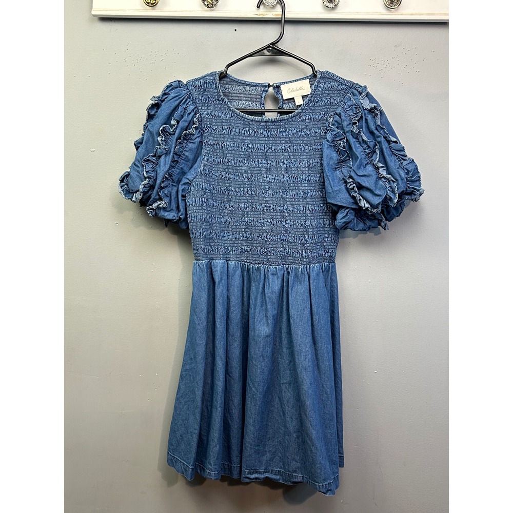 Cleobella Dress‎ Womens Large Blue Denim Smocked Ruffle Puff Sleeve Mini Boho
